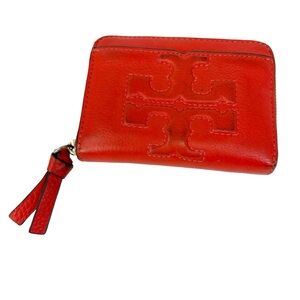 Tory Burch Red Leather Zip Around Coin Purse Card Key Holder